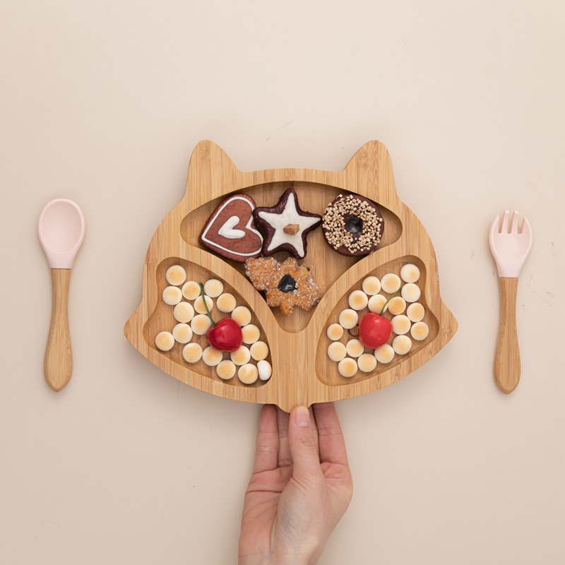 Bamboo Baby Feeding Bowl Spoon Fork Fox Pattern Food Tableware Kids Wooden Training Plate Silicone Suction Cup Removable Baby